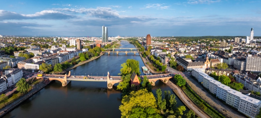 Aerial view of a European city and river